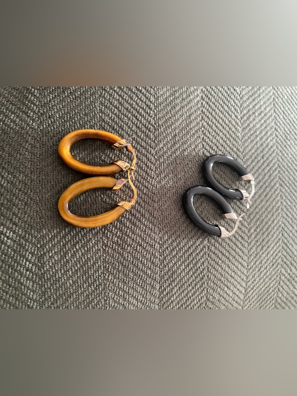 Set of Two- Affinity Oval Hoop Earrings in Black Onyx and Tiger Eye.